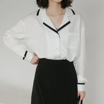2021 Femei Dulce Guler de Turn-down Tricouri Maneca Lunga Mozaic T-shirt-coreean Elegant Tricouri Femeie Nou Toamna Topuri Casual