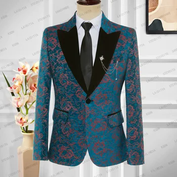 2023 Costum Nou Homme De Afaceri Italian Slim Fit Albastru Rosu Jacard Negru De Catifea Rever Bărbați Costum Smoking Nunta, Sacou Blazer Coat