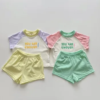 2023 Seturi pentru Copii T-shirt cu Maneci Scurte Pulover Copii Pantaloni mai Sus de Genunchi Lungime Mozaic Noua Moda coreeană Copii Unisex