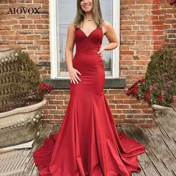 AIOVOX Sirena Elegant Roșu Rochii de Partid V-Neck Backless de Moda Rochie de Seara Curtea de Tren Dantelă-Up Cu Arc Robe De Soirée
