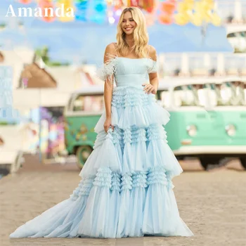 Amanda Lux Pene Umăr Vestidos De Noche Elegant Baby Blue Rochie de Bal Curea de Spaghete Multistrat فساتين مناسبة رسمية