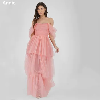 Annie Coral Roz Rochii de Bal Tul Off-the-umăr Stratificare Vestidos De Noche O-în formă de Fantă Lungă فساتين السهرة