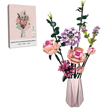 Buchet de flori Clădire Eterna Trandafir Roz Botanică Colecție de Blocuri de Afișare pentru Biroul de Acasă Decor, Kit jucarii pentru fete Adult,