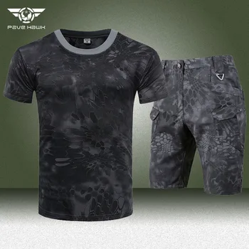 Camuflaj Militar Bărbați Seturi de Vară uscare Rapidă Maneci Scurte Tactice Tricouri în aer liber Multi-buzunar Respirabil pantaloni Scurți de Marfă Armata