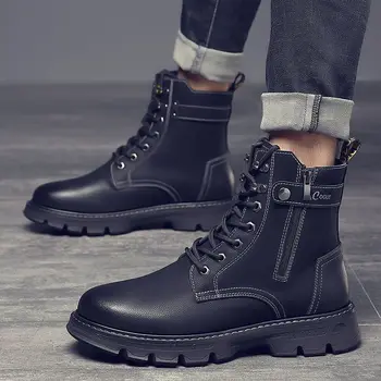 Cizme de moda pentru Bărbați Versatil Munca Purta Cizme Înalte de Moda, Pantofi Casual, Pantofi Negri din Piele Cizme cu Platforma