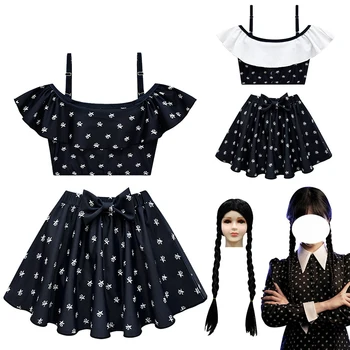 Cosplay Costum miercuri Addams Rochie de Îmbrăcăminte pentru Copii 2023 Vara Noi Copii Sling Sus Fuste 2 Piese Fete Costum de Baie Set