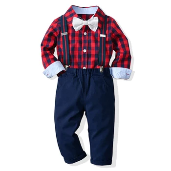 Craciun pentru copii Costume de 1-6 Ani Băieți Domn Haine de Toamna Carouri Roșii Rever Tricou cu Pantaloni Bleumarin Copii de Ziua Boutique Set
