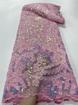 Dantela roz Tesatura Nigerian Tesatura cu Perle 3D Broderie Dantelă Tul Net Material pentru Rochie de Mireasa din Africa Margele Material