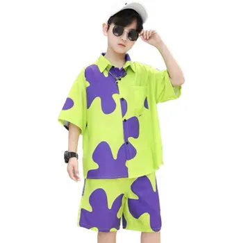 De vară pentru Copii Noua Moda de Imprimare Pentru Baieti Mari Haine de Gheață Cămașă de Mătase Top+Shorts 2 buc Verde Violet Alb Copii Seturi de Îmbrăcăminte