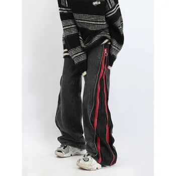 Deeptown Y2k Streetwear Blugi Barbati Vintage Umflat Talie Mare Largi Picior Rece Gri cu Fermoar Denim Pantaloni pentru Bărbați coreeană Stil Hip Hop