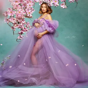 Dulce Liliac Fotografie de Maternitate Rochii cu Flori 3D Elegant Femeie Gravidă Foto Rochie pentru Fotos