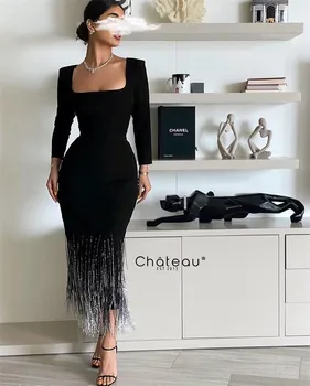 Fashionvane Negru Sirena Rochii de Bal pentru Arabia Saudită Femeile Gât Pătrat Rochie de Seara cu Ciucuri Lungi Mâneci Formale Petrecere