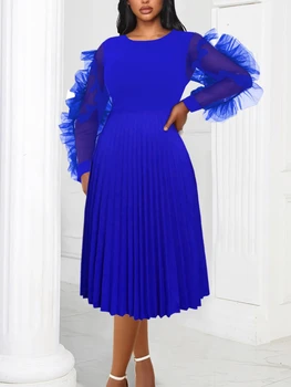 Femei Albastru Rochie Plisată Tul Mozaic Maneca Lunga Vedea Prin Volane Talie Mare Elegant Din Africa De Sex Feminin Munca De Birou De Îmbrăcăminte