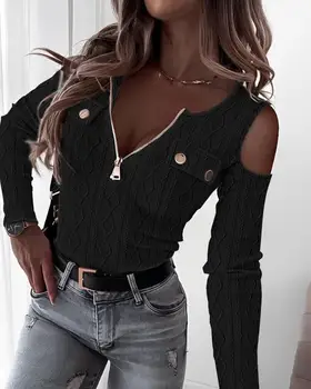 Femei Slim Topuri 2023 Toamna și Iarna Rece Umeri cu Maneci Lungi cu Fermoar Cablu de Design Texturate de Sus de zi cu Zi Versatil T-Shirt
