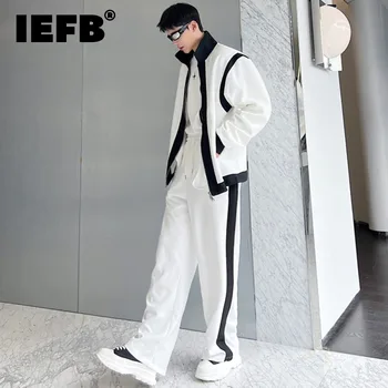 IEFB Primăvară Moda coreeană Contrast la Modă Design Fermoar Dublu Vrac Casual 2023 Turn-down Guler cu Fermoar de sex Masculin Seturi 9A7263