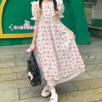 Japoneze Moale Fată Drăguț Hello Kitty Rochie de Imprimare de Desene animate Anime Sanrio Femei Student Summer Slim Rochie din Două Piese Set Cadou