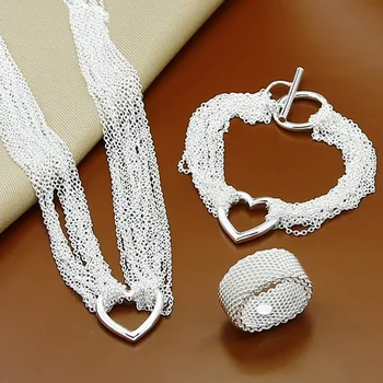JewelryTop Argint 925 Seturi de Bijuterii lanț Inima Colier Bratara Set Inele Pentru Femei de Nunta Originale cadouri de designer