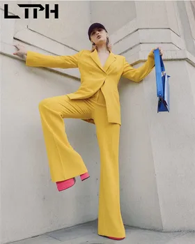 LTPH uri vintage galben set de două piese femeile gâfâi costume de temperament blazer elegant seturi de semnalizare pantaloni office purta 2023 primăvara anului nou