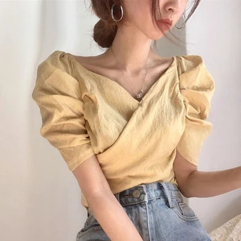 Moda Femei Culoare Solidă Cruce Talie Bubble Sleeve T-shirt Stil coreean Chic Retro Dulce V-gât Elegant Dulce Topuri de sex Feminin 2021