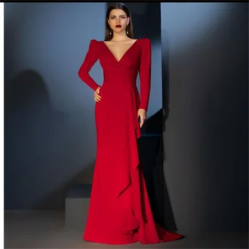 MULONG Roșu V Gât Sirena arabă Rochie de Seara Mâneci Complete de Lux din Dubai Rochii de seara pentru Femei Rochie de Petrecere de Nunta