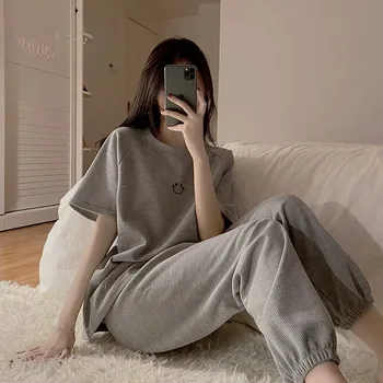 Noi Vara coreean Pijama cu mânecă Scurtă, Pantaloni de Pijama Largi Gât Purta în Afara Pijamale de Mari Dimensiuni Femei Fata Uzura Acasă Set