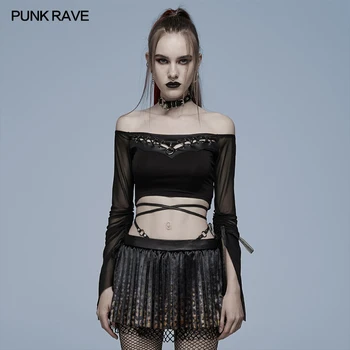 PUNK RAVE Femei Gotic Cut-out Slash Gât Perspectivă Mesh T-shirt Detasabila Bataturi Inel de Fier Decor Negru Topuri de Primăvară