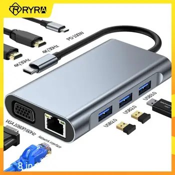 RYRA 8 In 1 Multifunctional Docking Station Tip c HUB compatibil HDMI VGA, Ethernet PD 100W USB3.0 2.0 4K Dual HD Expansiune Doc