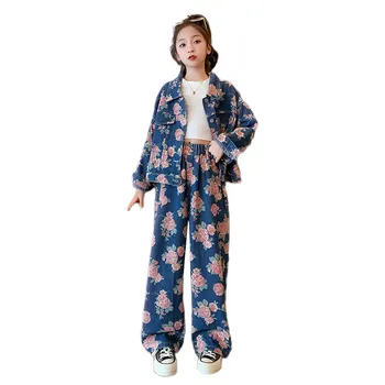 Spectacol De Moda Adolescente Florale Seturi De Îmbrăcăminte Sacou+Pantaloni&Fusta Din Două Bucăți De Flori Costume Copii Scoala De Streetwear Din Denim Se Potrivește