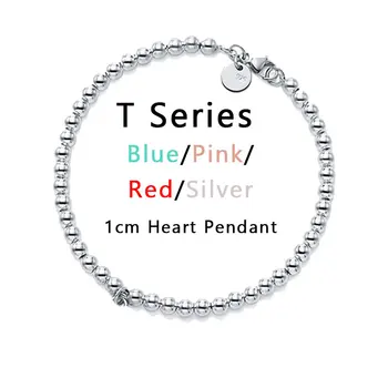 T Serie Nouă Din Argint 925 Bijuterii Roz Roșu Albastru Pandantiv Inima Cu Margele Brățară Pentru Femei Livrare Gratuita En-Gros