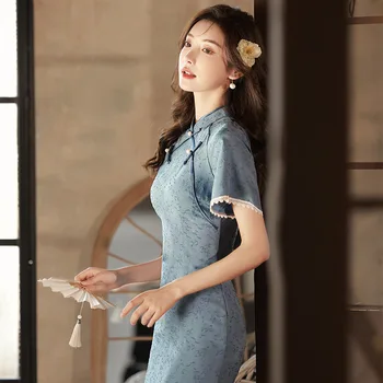 Vara 2023 Albastru Lung Cheongsam Fete Tinere Elegante Fotografie Modernă Chineză Tradițională Rochie de Seara Stil Qipao pentru Femei