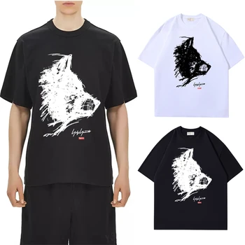 Yohji Yamamoto Co-branded de Moda Japoneză Schiță Wolf Cap de Imprimare Bărbați Și Femei pe Gât Rotund Casual cu Maneci Scurte T-shirt